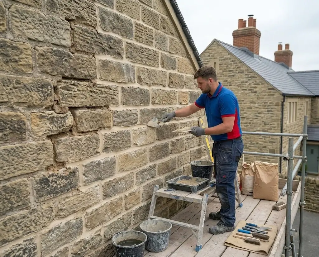 Close-up of professional mortar repointing on a traditional Yorkshire stone wall