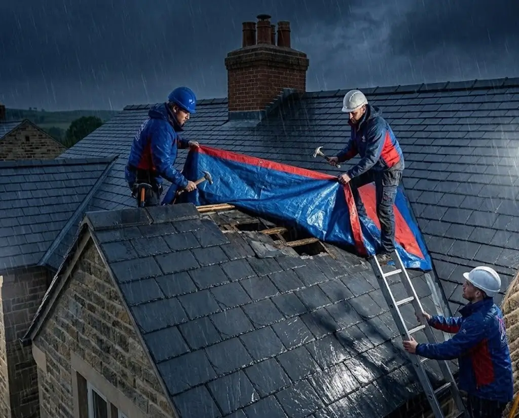 Emergency roofing team repairing a leaking roof during a storm in Yorkshire at night