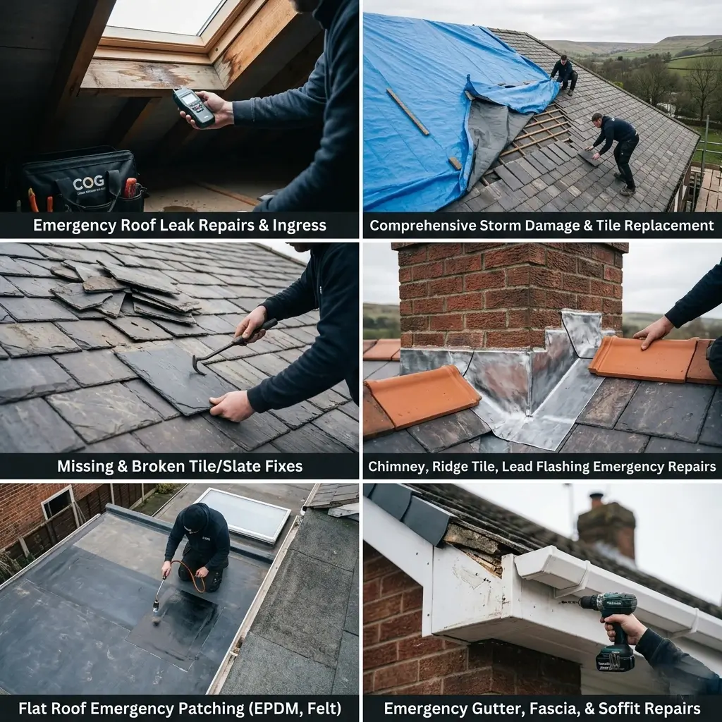 A collage of emergency roofing services in Yorkshire by COG Roofing, including leak repairs, storm damage, tile replacement, chimney fixes, flat roofs, and gutter repairs