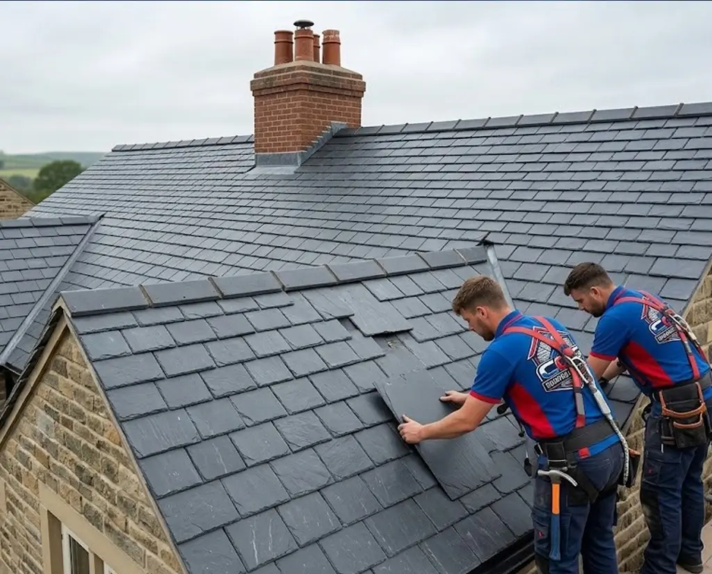 Professional roofers installing traditional slate tiles on a Yorkshire house roof