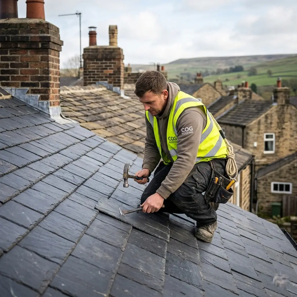 Trusted local roofers in Yorkshire repairing a residential slate roof - COG Roofing
