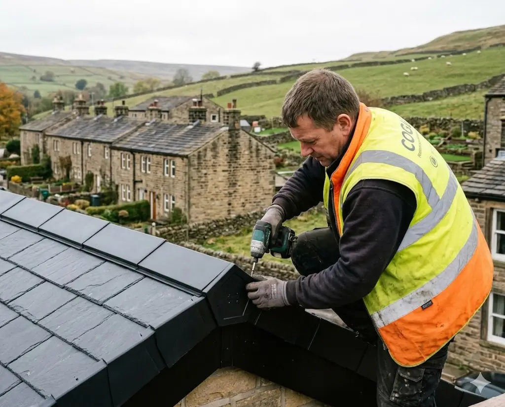 Professional installation of a modern black dry verge system on a slate roof by a COG Roofing contractor in Yorkshire.