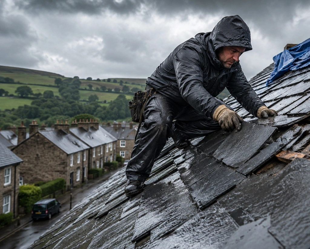Urgent emergency roof repairs in Yorkshire by COG Roofing, featuring a contractor securing a storm-damaged roof with a tarpaulin.
