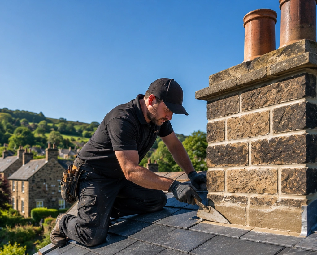 Professional roofing and repointing services in Yorkshire by COG Roofing, featuring chimney brickwork restoration and lead flashing repairs