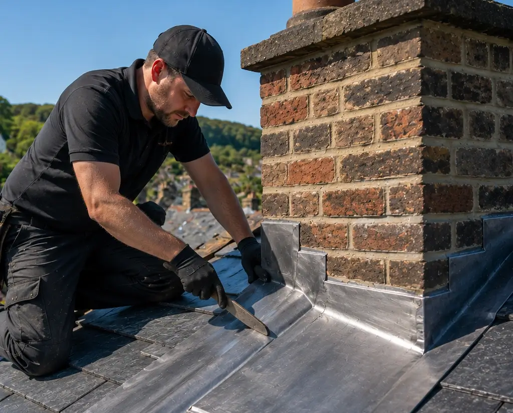 Professional leadwork and roof flashings installation in Yorkshire by COG Roofing, sealing a chimney valley against water leaks