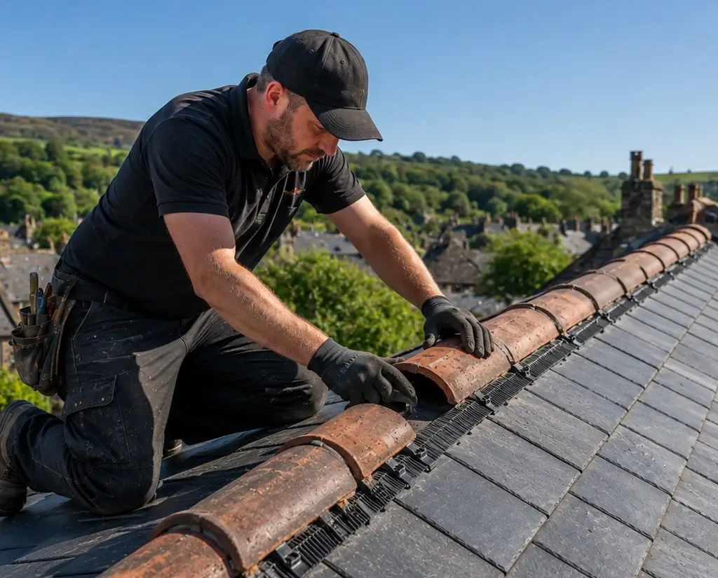 Professional ridge tile repairs and dry ridge systems installation in Yorkshire by COG Roofing contractors.