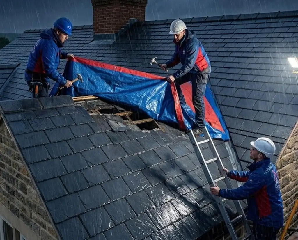 Professional storm damage roof repairs in Yorkshire by COG Roofing, fixing a traditional slate roof after a storm